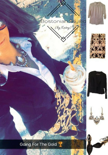 Street Style, Fashion, Style, Trends, Chic, Outfit Idea, Work Look, Spring Outfit Idea, Winter Outfit Idea, Bostonian Styled (by Katey), Collar Shirt, Black and Gold Pattern Pencil Skirt, Black Blazer, Chunky Gold Metal Statement Necklace, Black and Gold Pointed Toe Heels