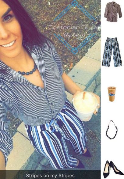 Street Style, Fashion, Style, Outfit Idea, Work Look, Outfit Inspiration, Bostonian Styled (by Katey), Pattern-Mixing, Navy and white Pin-stripe Collar Shirt TJ MAXX, Blue and White Wide-Leg Statement Pants Primark, Navy Blue Suede Pointed-Toe Pumps Primark